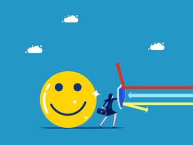 Olumlu düşünceleri koru. İş kadını pozitif düşünce vektörünü korumak için kalkanı tutuyor