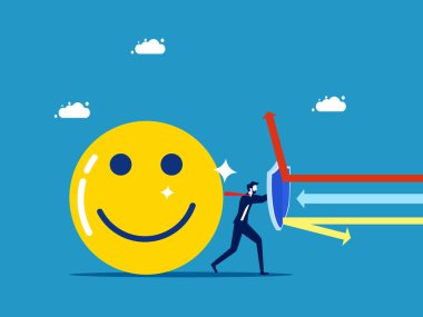 Olumlu düşünceleri koru. İş adamı pozitif düşünme vektörünü korumak için kalkanı tutuyor