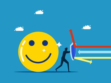 Keyfini koru. İş adamı pozitif düşünme vektörünü korumak için kalkanı tutuyor