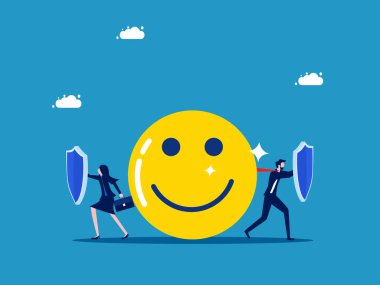 Pozitif düşüncelerini koru. İş ekibi iyimserlik vektörünü korumak için kalkanı tutuyor