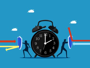 Zamanı yönet ya da koru. İş adamı ekibi saat vektörünü korumak için kalkanı tutuyor.