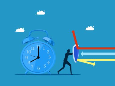 Zaman koruması. İş adamı saat vektörünü korumak için bir kalkan tutuyor.