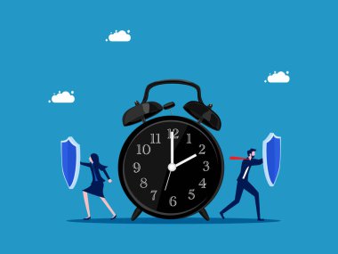 Zamanı yönet ya da koru. İş adamı ekibi saat vektörünü korumak için kalkanı tutuyor.