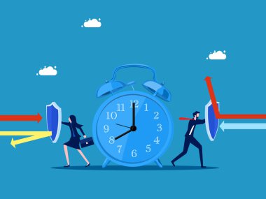 Yaşam süresi koruması. İş adamı ekibi saat vektörünü korumak için kalkanı tutuyor.