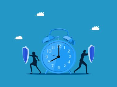 Yaşam süresi koruması. İş adamı ekibi saat vektörünü korumak için kalkanı tutuyor.