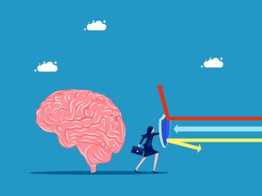 Zihnini koru. İş kadını beyin taşıyıcısını korumak için bir kalkan tutuyor.