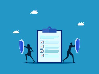 Sigortacılık. İş ekibi, belge vektörünü korumak için kalkanı tutuyor