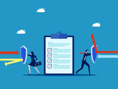 Sigortacılık. İş ekibi, belge vektörünü korumak için kalkanı tutuyor