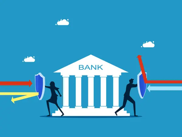 Erkek Kadın Adamları Bankaların Vektörlerini Korumak Için Kalkanları Tutuyor — Stok Vektör