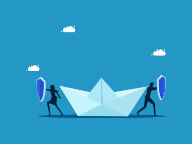 İş dünyasının korunması. Takım işadamı, kağıt tekne vektörünü korumak için kalkanı tutuyor