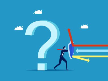 İş sırlarını korumak için. İş adamı soru işaretini ok saldırı vektöründen korumak için kalkanı tutuyor