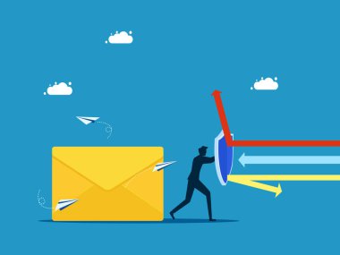 Haberleri ya da iş sırlarını koru. Postaları ok saldırı vektöründen korumak için kalkan tutan bir iş adamı.