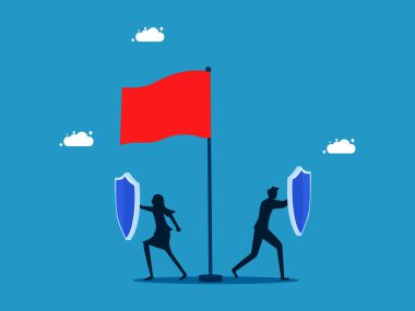 Başarıyı ya da iş zaferini koru. İş ekibi kırmızı bayrak vektörünü korumak için kalkanı tutuyor