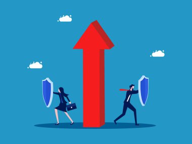 İş büyümesini sürdürmek. İş adamı ekibi, büyüyen oku ok saldırı vektöründen koruyan bir kalkan tutuyor.