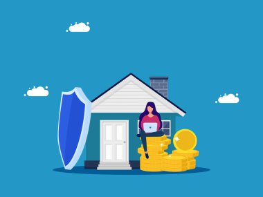 Ev ve mülk sigortası. Koruyucu kalkanı ve ev vektörü olan kadın.