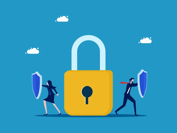 İş bilgilerini koru. İş ekibi asma kilit vektörünü korumak için kalkanı tutuyor