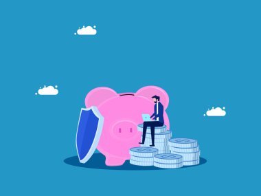 Tasarruf sigortası. İş adamı dizüstü bilgisayarla para yığını ve banka vektörü üzerinde çalışıyor.