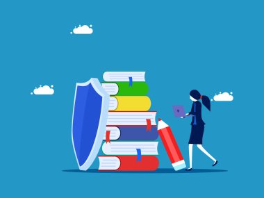 İş bilgisi arıyorum. İş kadını ve kalkan kitap yığını vektörü