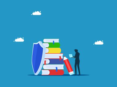 İş bilgisi arıyorum. Kitap yığını vektörlü iş adamı ve kalkan