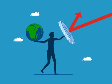 Adam küresel ekonomik krizi korumak için para harcıyor. Dünyaya ok vektöründen saldıran bloklar