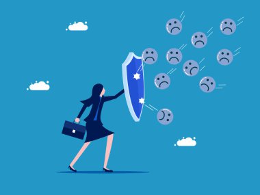 Olumsuz düşünceleri yenmek ya da önlemek. İş kadını negatif simge vektörünü korumak için bir kalkan tutuyor