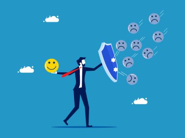 Olumlu düşünceleri koru. İş adamı, olumsuz düşüncelerin saldırısına karşı bir kalkan tutuyor.