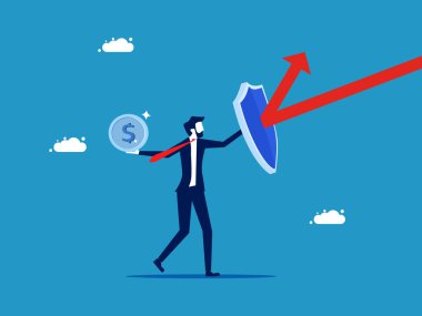 Mali durumunuzu koruyun. Para vektörünü korumak için bir kalkan tutan iş adamı