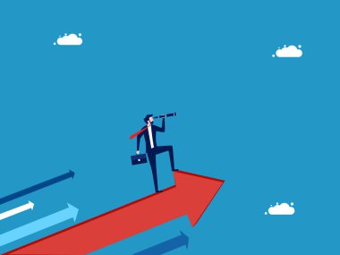 Lider vizyonu. İşadamı okun üzerinde duruyor ve dürbün vektörüne bakıyor.