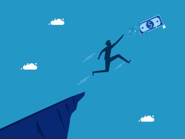 Finans başarısız oldu. Adam zıplıyor ve kaybolan banknot vektörünü yakalıyor