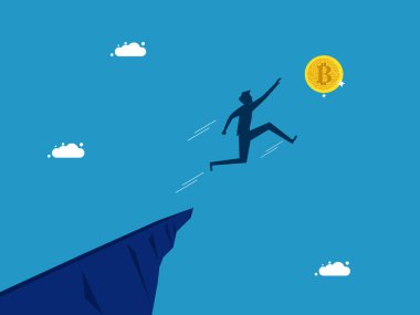 Adam bitcoin vektör illüstrasyonunu yakalamak için atlıyor