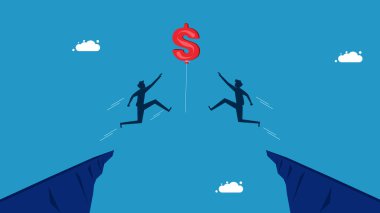 Ticari çıkarlar için iş rekabeti. İki adam dolar balon vektörü için yarışıyor.