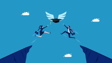 Akademik başarı için yarışın. Mezuniyet şapkası vektörü için yarışan iki işadamı