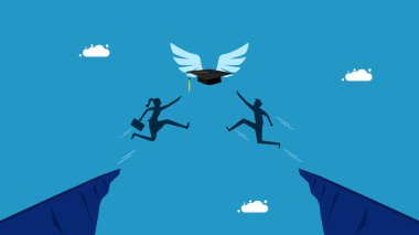 Mezuniyet şapkası tutan iki iş adamı. Akademik başarı vektörü için yarışın