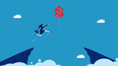 Finansal başarı. İş kadını zıplıyor ve dolar balonu taşıyıcısını yakalıyor