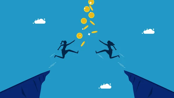 2人の女性のコインをつかむにジャンプします 利益ベクトルを獲得するためにビジネスで競争 — ストックベクタ