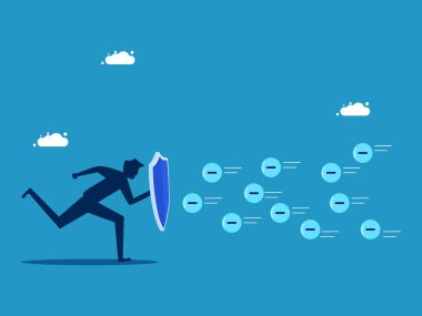 Olumsuz düşüncelere karşı koy. Adam negatif enerji vektörüne karşı koruyucu kalkan tutuyor.