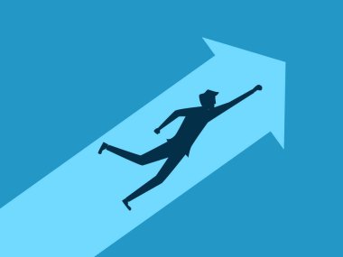 Büyümek. Oklarla uçan bir adam. İş konsepti vektör çizimi