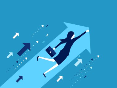 Gelişme ve büyüme. Büyüyen ok vektörüyle uçan iş kadını