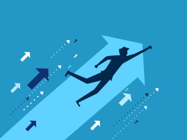 İş geliştirme lideri. Büyüyen ok vektörü ile uçan iş adamı