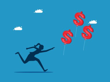 Mali kriz. Kaçan para balonları vektörünü takip eden iş kadını