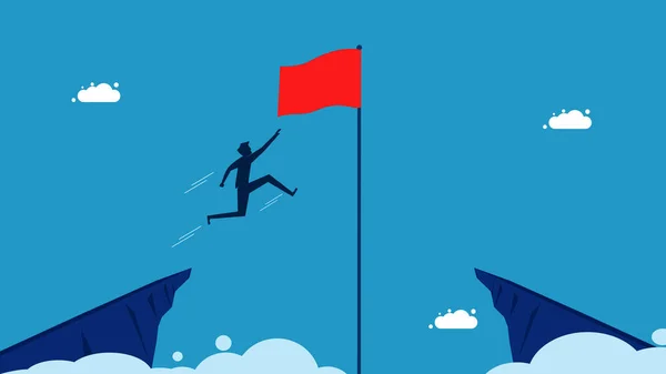 Człowiek Skaczący Chwytający Czerwoną Flagę Zwycięstwa Sukces Biznesowy Zwycięstwa — Wektor stockowy