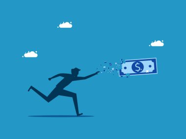 Kayıp para. Adam kayıp paranın peşinden koşuyor. İş konsepti vektörü