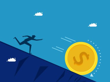 Finansal kriz ve yatırım. Dağ madeni para vektörünü takip eden adam