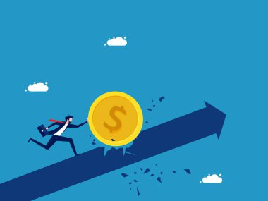 Para sıkıntısı sorunu. İş adamı, düşen bir madeni parayı itiyor. vektör