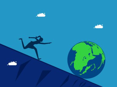 Dünya ekonomik krizi. Dağda dünyayı kovalayan bir kadın. Vektör