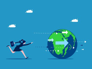 Modası geçmiş bir fikir. Dünyayı kovalayan iş kadını. vektör