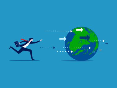 Modası geçmiş bir fikir. Dünyayı kovalayan bir iş adamı. vektör