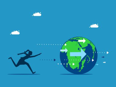 Modası geçmiş bir fikir. Dünyayı kovalayan bir kadın. vektör