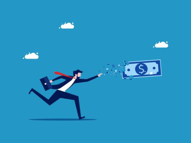 Kayıp para. Kayıp paranın peşinden koşan bir iş adamı. İş konsepti vektörü