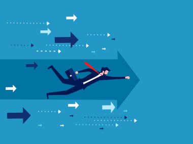 İşadamı ok yönünde ileriyi göstererek uçar. iş ilerleme vektörü